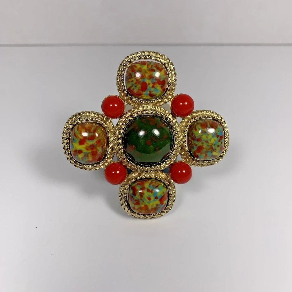 Vintage Sarah Coventry Signed Large Mosaic Maltese Cross‎ Brooch Pin Gold Tone